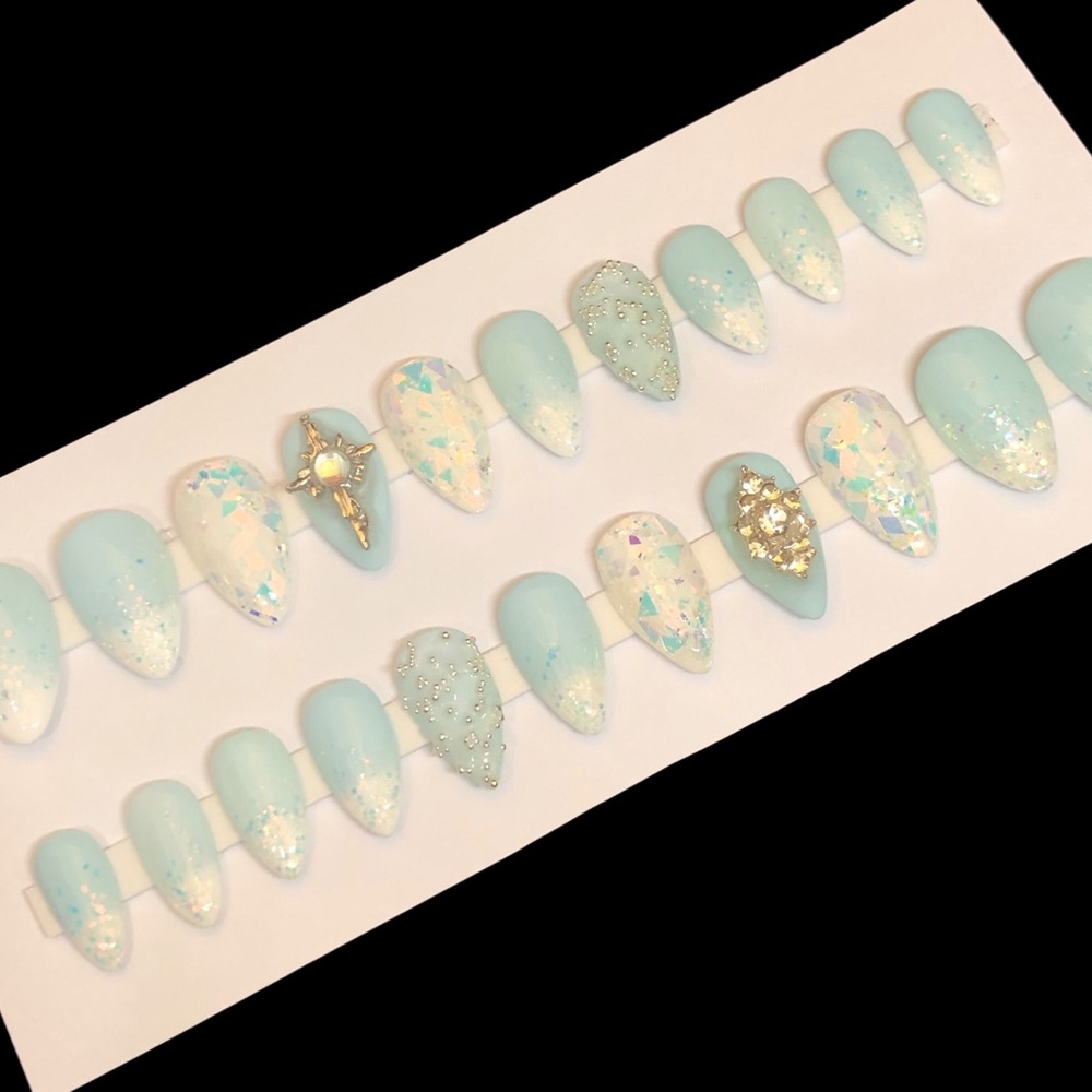 *SOLD* Handmade Custom Press On Nails Short Almond Shape Baby Blue French Tip - Picture 7 of 10